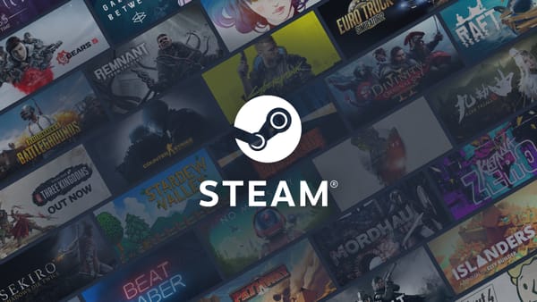 The Steam logo in front of a grid of game artwork