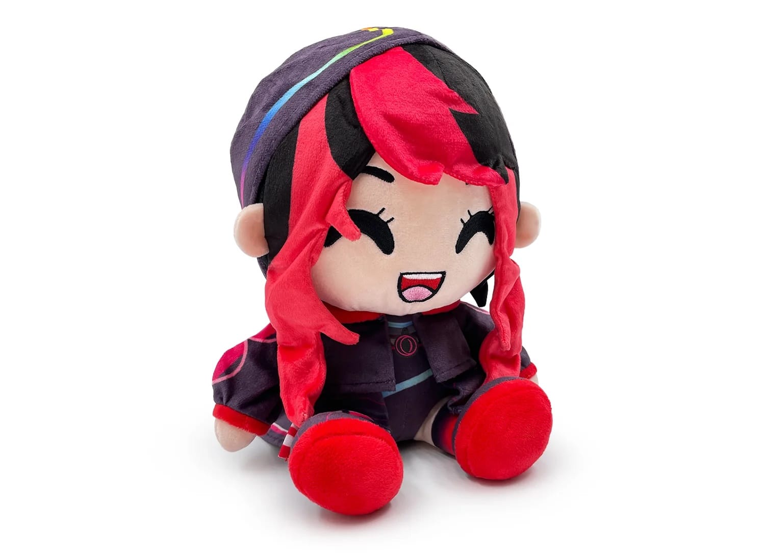 Plush toy of animated character with red hair and black/purple outfit