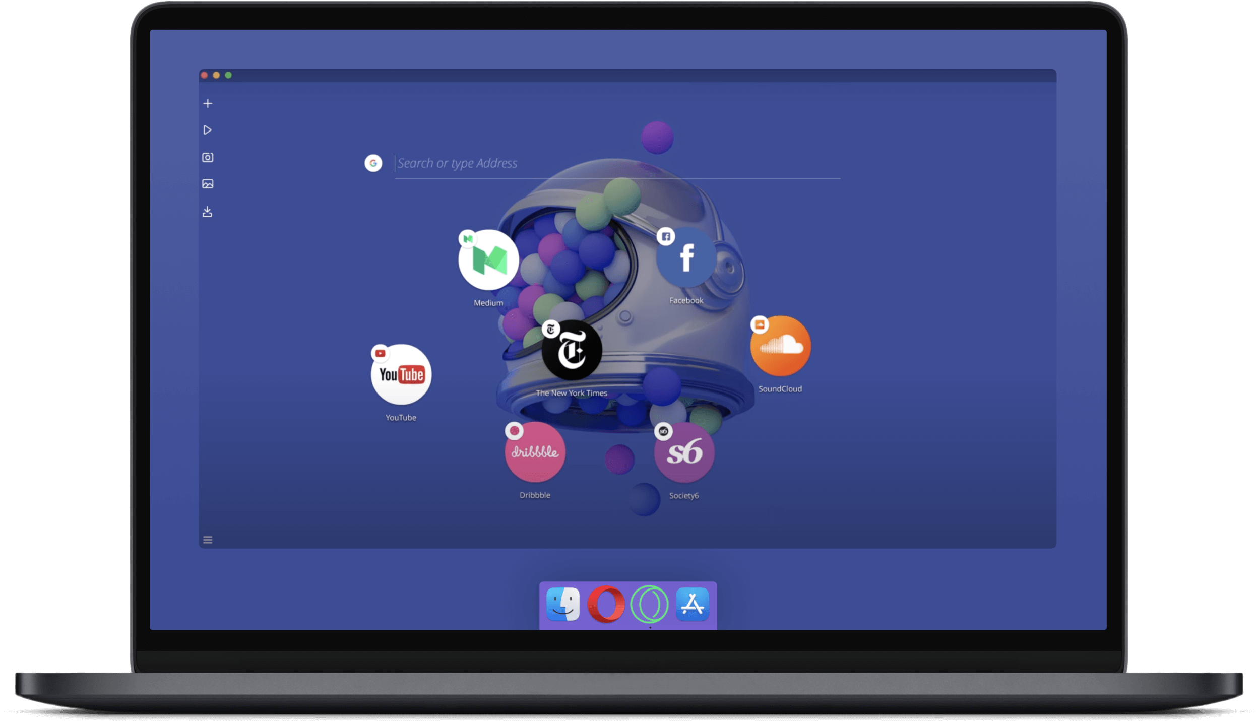 Screenshot of Opera web browser with a home screen containing large circle icons for websites