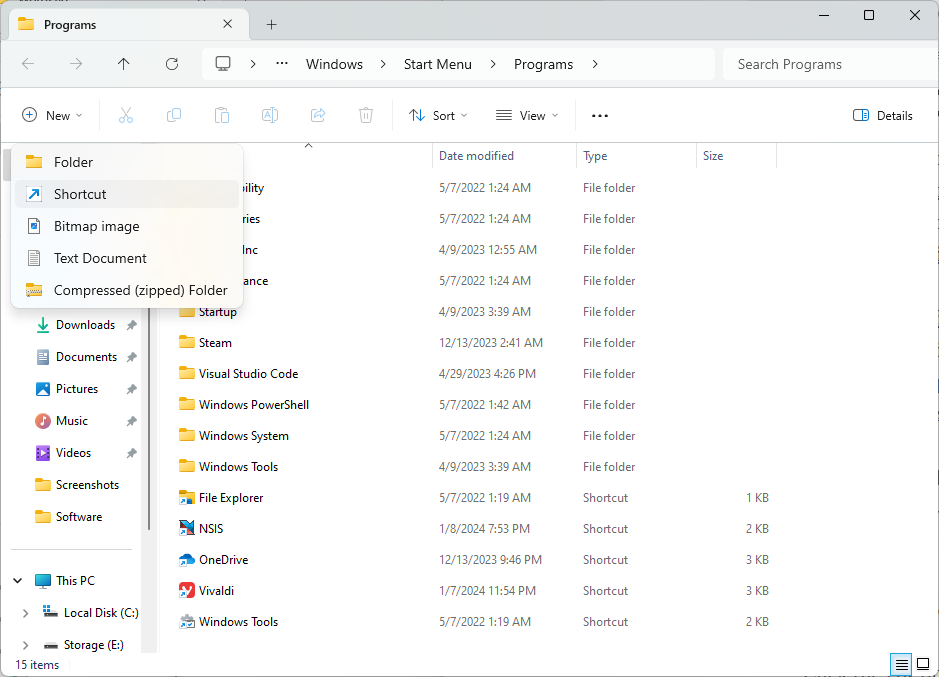 Screenshot of File Explorer creating a Shortcut