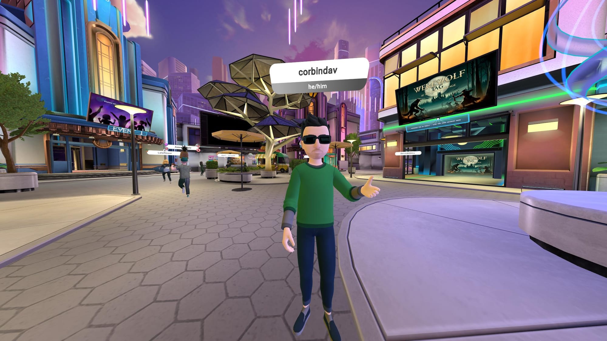 Me in a green shirt giving a thumbs-up in a colorful virtual cityscape.