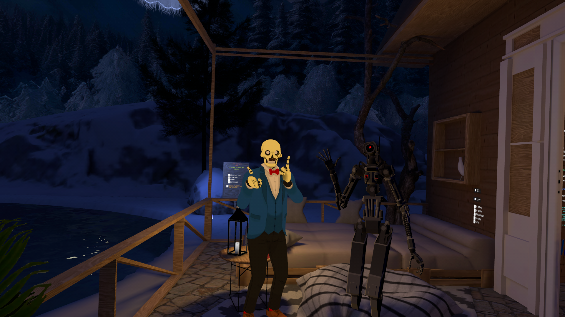 Skeleton and robot standing on a porch at night with snowy scenery in the background.