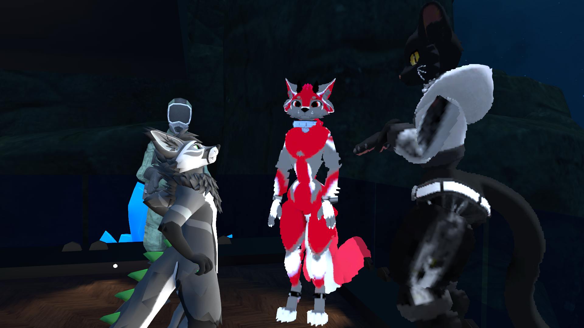 A circle of furry avatars talking to each other.