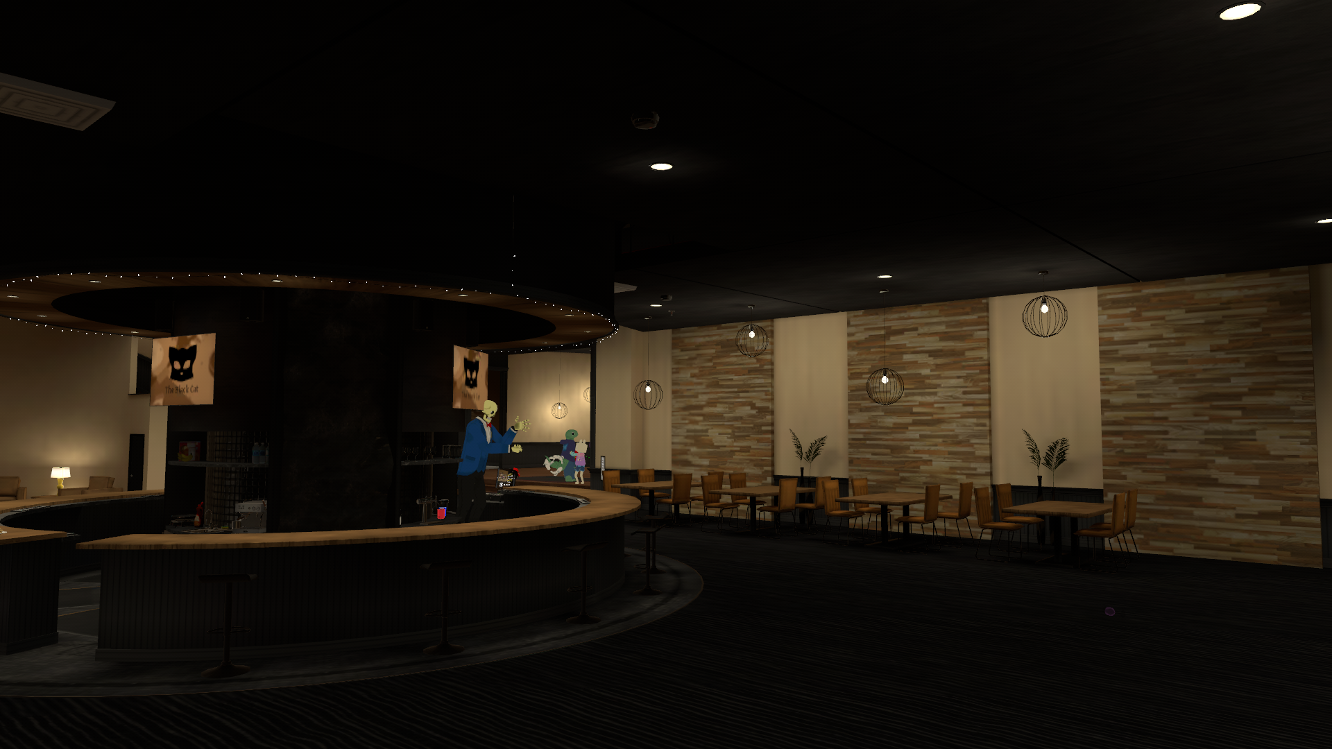 A bar club area in VRChat with a few people standing around.