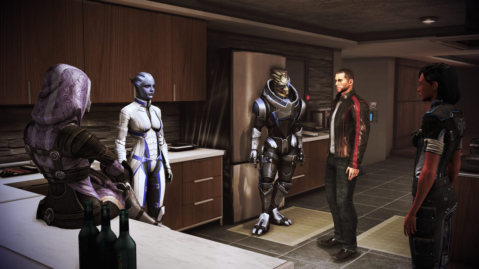 Shepard with several crew members in his apartment