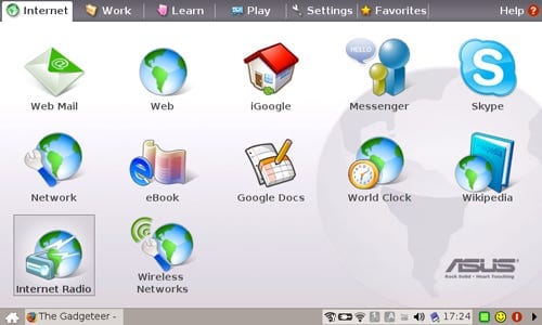 Screenshot showing a grid of applications including Web Mail, Web, iGoogle, MSN Messenger, Skype, Network, Google Docs, and Wikipedia