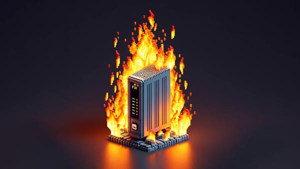 A 3D illustration of a cable modem on fire
