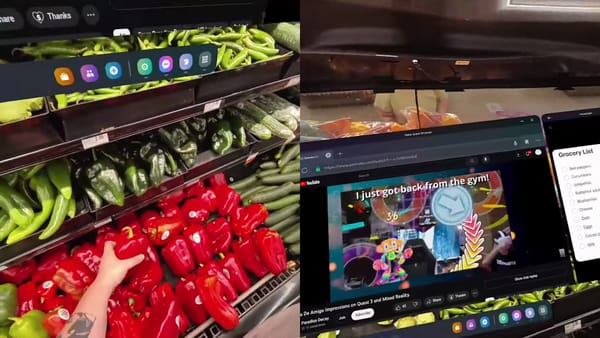 Screenshots from a video where a person is in a grocery store, picking peppers from a shelf while a YouTube video floats abo